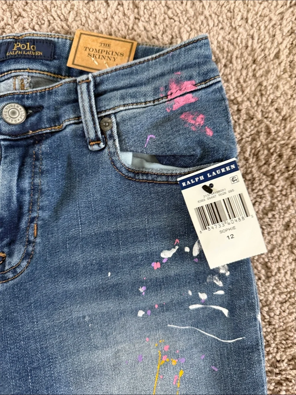 Ralph Lauren Blue Skinny Jeans with Colorful Paint-Splatter